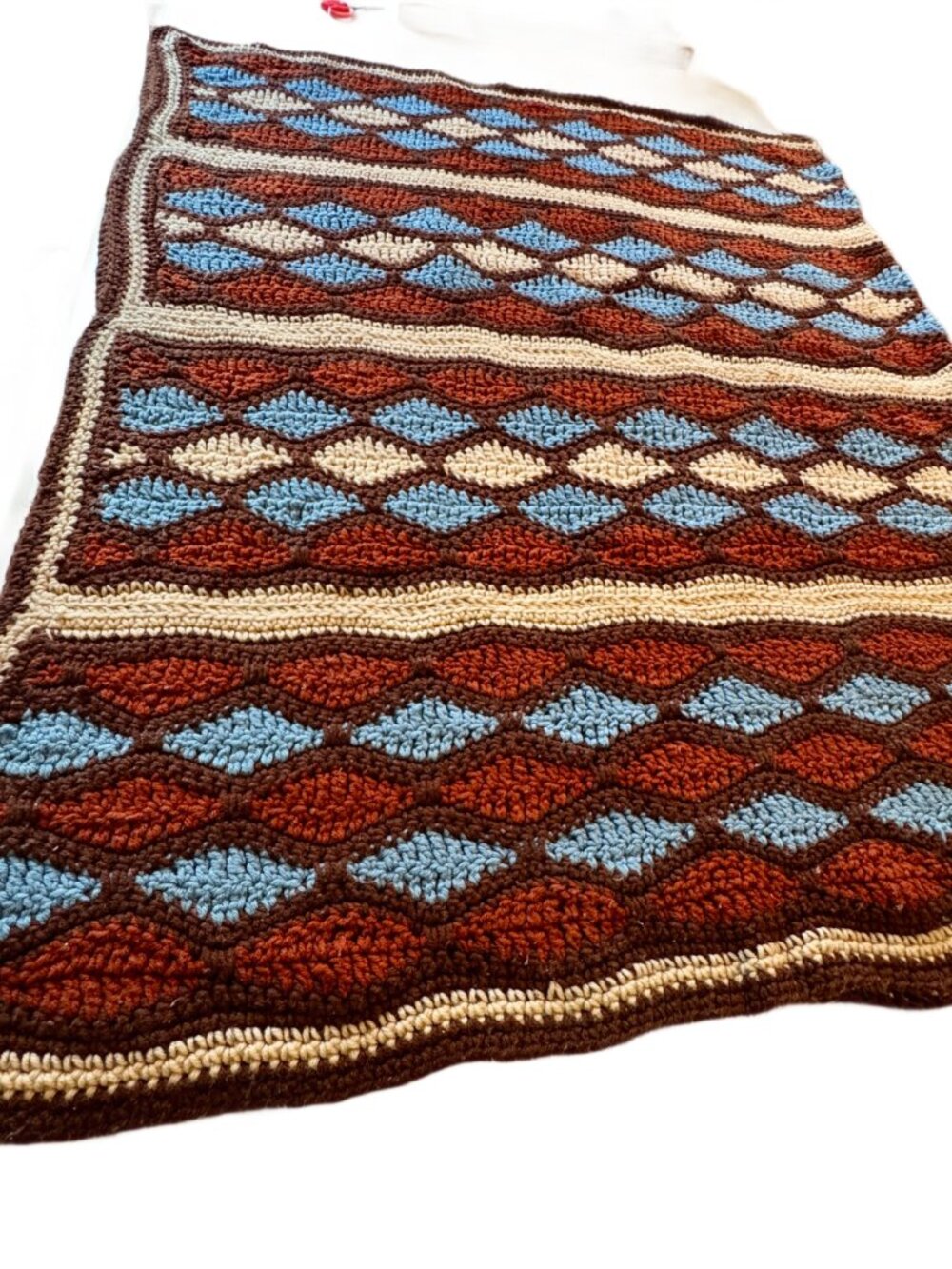 VTG Handcrafted Crochet Diamond Pattern Throw Blanket Rust-Brown Multi 45x70